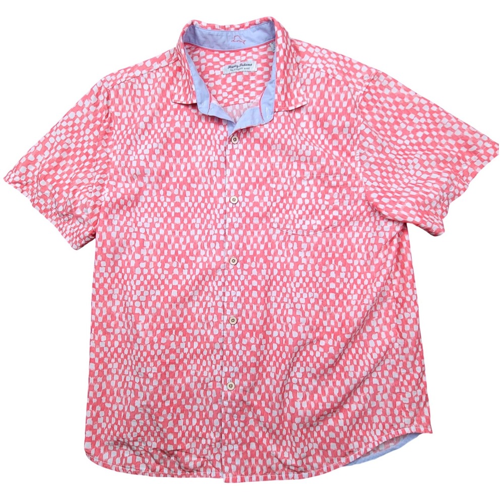 Tommy Bahama The Coconut Point Mens XL Pink White Geometric Short Sleeve Shirt